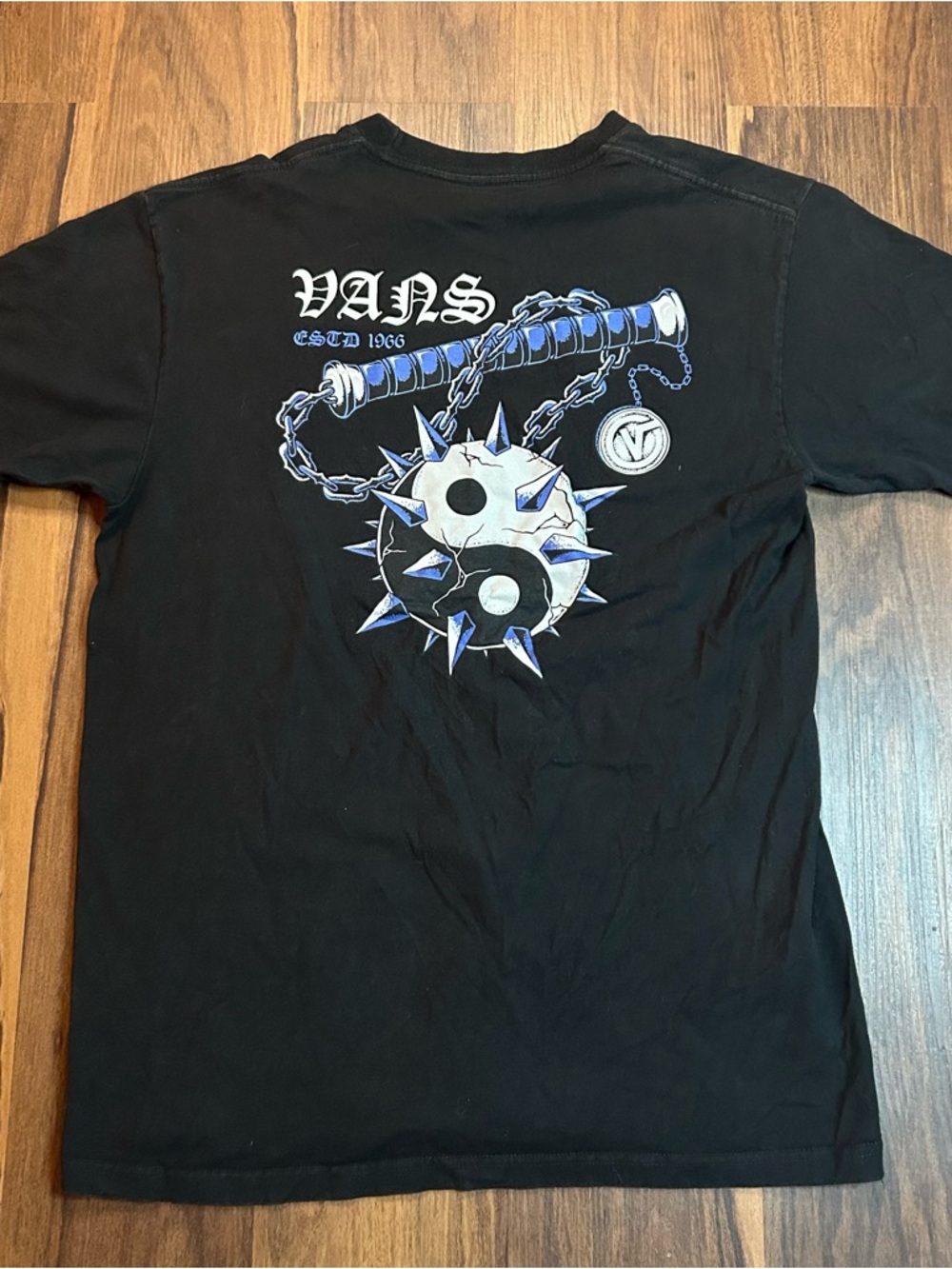 Vans Black Tee with Blue-Accented Yin Yang Spiked Mace Graphic